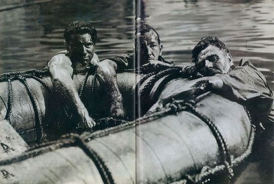 In Which We Serve: John Mills, Noel Coward. and Bernard Miles re-create a dramatic moment in the sinking of HMS Kelly, an actual event upon which the (mostty) historical film was based.
