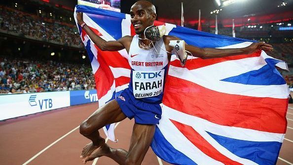 Mo Farah celebrates a win 