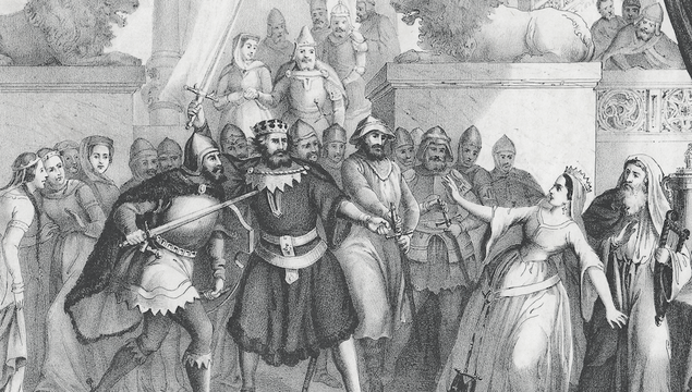 At the court of King Alfred of England (848/849 - 899). Lithograph from my archive, published in 1852.