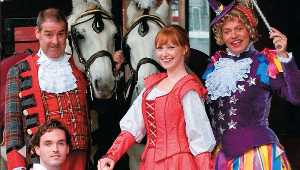 Cinderella and Prince Charming are joined by Fairy May and Baron Hard Up outside Edinburgh’s King’s Theatre, celebrating last year’s production of the pantomime classic. Like all great pantos, the tale is badly fractured