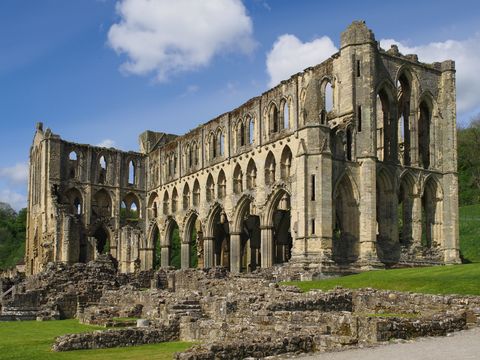 The remains of Rievaulx Abbey, a former Cistercian abbey near Helmsley in the North York Moors National Park, North Yorkshire, England