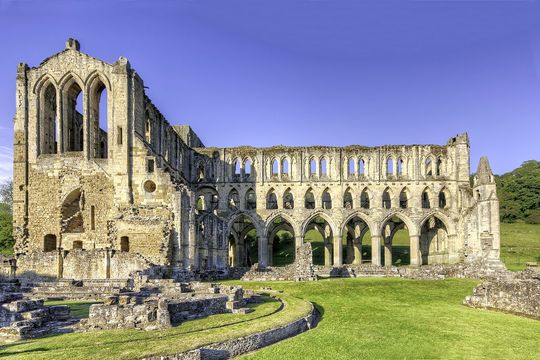 The remains of Rievaulx Abbey, a former Cistercian abbey near Helmsley in the North York Moors National Park, North Yorkshire, England