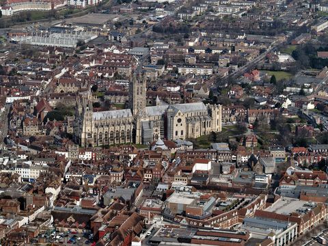 An aerial shot of the city of Canterbury, with Canterbury Cathedral at its centre.