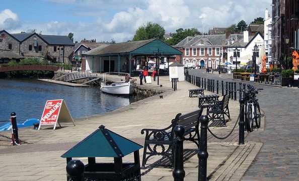 Quayside on the River Exe draws folk for river cruises or browsing in its shops and galleries.