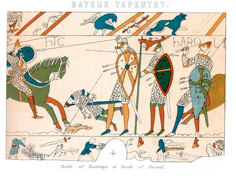 Vintage engraving showing a detail of the Bayeux Tapestry, the Battle of Hastings and the Death of King Harold