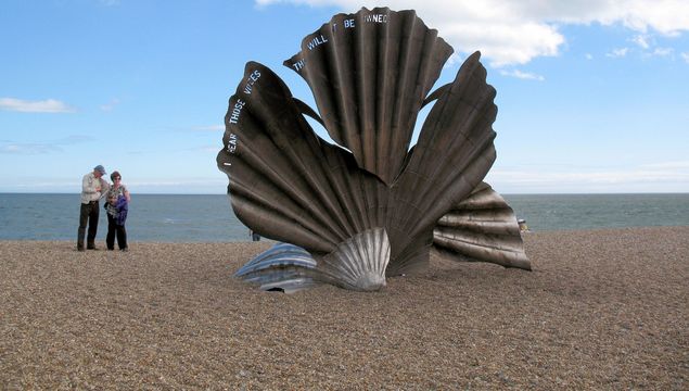 Maggi Hambling\'s Scallop Shell sculpture on the beach north of Aldeburgh in Suffolk.
