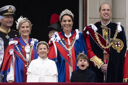 Sophie, Duchess of Edinburgh, Princess Charlotte of Wales, Princess Anne, Princess Royal, Catherine, Princess of Wales, Prince Louis of Wales and Prince William, Prince of Wales during the Coronation of King Charles III and Queen Camilla on May 06, 2023 in London.