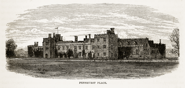 Very Rare, Beautifully Illustrated Antique Engraving of Penshurst Place, in Penshurst, England Landmarks Victorian Engraving, 1840 from Our Own Country, Great Britain, Descriptive, Historical, Pictorial. Published in 1880.