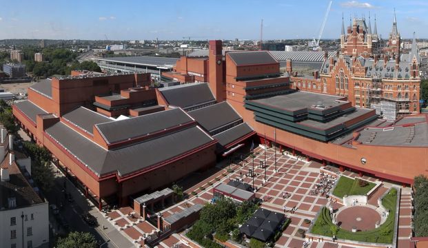 The British Library in London, with St. Pancras station in the background.