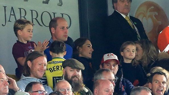 Prince George of Cambridge, Prince William, Duke of Cambridge and Catherine, Duchess of Cambridge and Princess Charlotte of Cambridge are seen in the stands during the Premier League match between Norwich City and Aston Villa at Carrow Road on October 05, 2019 in Norwich, United Kingdom. (Photo by Stephen Pond/Getty Images)