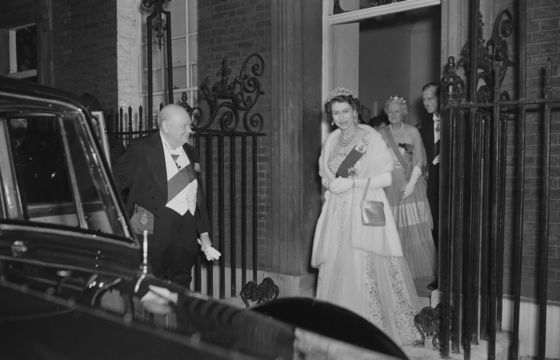 Queen Elizabeth II and Prince Philip leave 10 Downing Street in London after having dinner with Sir Winston Churchill (1874 - 1965), the British Prime Minister and his wife