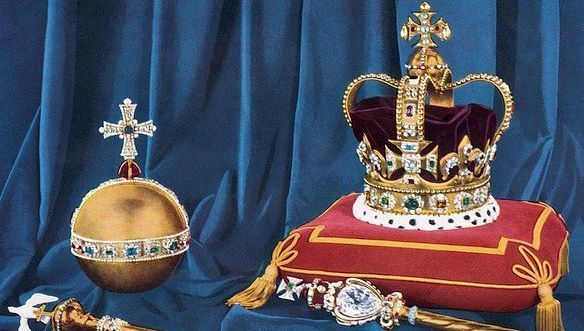 St Edward\'s Crown, the Crown of England, which weighs nearly five pounds, the hollow gold Orb, the Sceptre with the Cross, Sceptre with the Dove, and the Ring