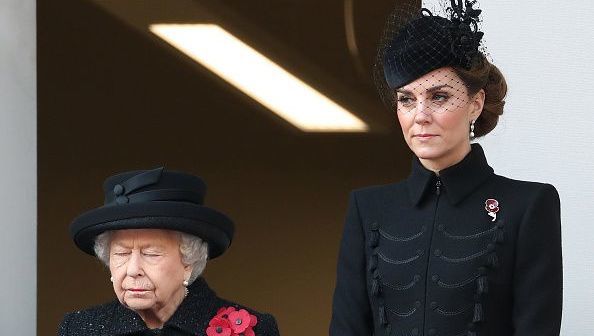 Queen Elizabeth II and Catherine, Duchess of Cambridge attend the annual Remembrance Sunday memorial at The Cenotaph on November 10, 2019 in London, England. The armistice ending the First World War between the Allies and Germany was signed at Compiègne, France on eleventh hour of the eleventh day of the eleventh month - 11am on the 11th November 1918. (Photo by Chris Jackson/Getty Images)