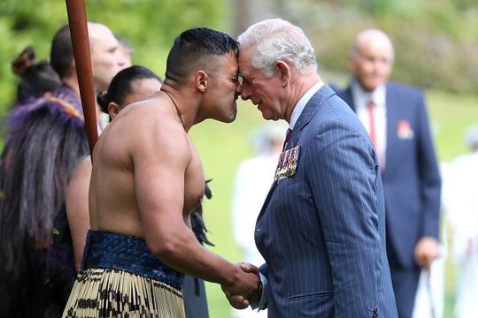 Prince Charles, Prince of Wales receives a Hongi, traditional Maori greeting, as he attends the Ceremony of Welcome, Government House on November 19, 2019 in Auckland, New Zealand. The Prince of Wales and Duchess of Cornwall are on an 8-day tour of New Zealand. It is their third joint visit to New Zealand and first in four years. (Photo by Chris Jackson/Getty Images)