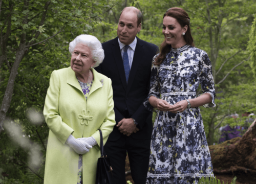 Queen Elizabeth II with the Duke and Duchess of Cambridge, William and Kate, at Chelsea Flower Show.
