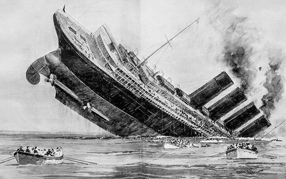 An illustration of the sinking of the RMS Lusitania.
