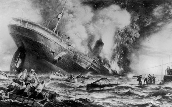 An illustration of the sinking of the RMS Lusitania. 