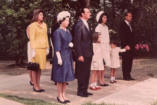 Queen Elizabeth II and Prince Philip with Jackie Kennedy and her children John Jr. and Caroline during the inauguration of Britain\'s Kennedy memorial at Runnymede.