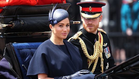 Meghan, Duchess of Sussex and Prince Harry, Duke of Sussex arrive at Trooping The Colour, the Queen\'s annual birthday parade, on June 08, 2019 in London, England. (Photo by Chris Jackson/Getty Images)