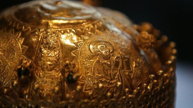 A crown seized by British troops at the battle of Maqdala in 1868 in Ethiopia is pictured at an exhibition, “Maqdala 1868: A Reflection on the 1868 Siege and Battle at Maqdala,\" at the Victoria and Albert Museum in London. Ethiopia wants treasures like this to be returned, part of a growing call for the restitution of treasures taken by European countries during the imperial age