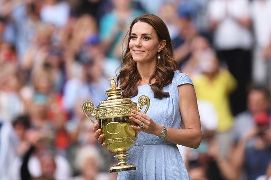 Catherine, Duchess of Cambridge waits to present the trophy to Champion Novak Djokovic of Serbia during the trophy ceremony following the Men\'s Singles final between Roger Federer of Switzerland and Novak Djokovic of Serbia during Day thirteen of The Championships