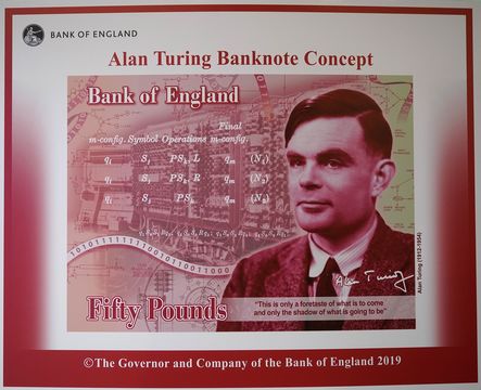 An artists illustration of the Alan Turing 50 GBP bank note unveiled by The Governor of the Bank of England, Mark Carney at the Manchester Science and Industry Museum on July 15, 2019 in Manchester, England. The general public were asked to \'Think Science\' and nominate characters from the field of science for the next £50. Alan Turing was selected from over 200,000 nominations for nearly 1000 eligible scientists. (Photo by Christopher Furlong/Getty Images)