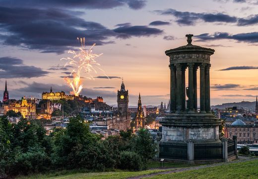 Fireworks over the Edinburgh skyline, as seen from Calton Hill.