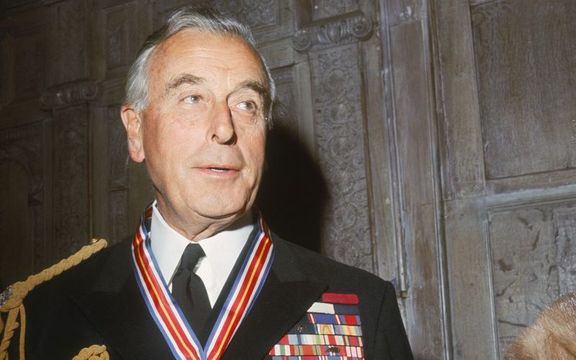 Lord Louis Mountbatten (1900 -1979) wearing the Veterans of Foreign Wars Merit Award, presented to him by the U.S. Veterans of Foreign Wars organization for outstanding service in World War II, circa 1965. 