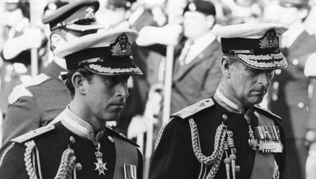 9th September 1979: Charles, Prince of Wales and Prince Philip, Duke of Edinburgh attending the funeral of Earl Louis Mountbatten (1900 - 1979) in full Naval regalia Photo by Fox Photos/Getty Images