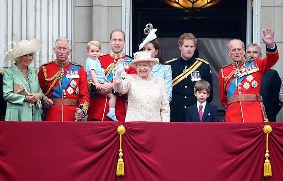 Queen Elizabeth II and the Royal Family waving from the balcony of Buckingham Palace.