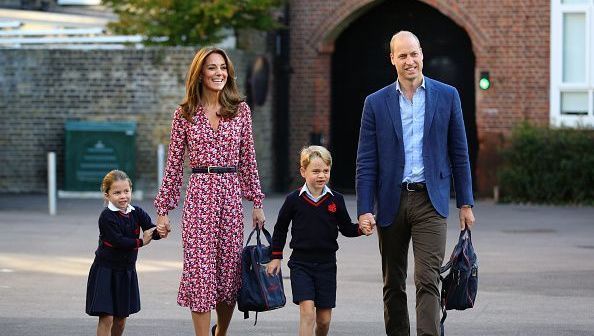 Princess Charlotte, with by her father, the Duke of Cambridge, and mother, the Duchess of Cambridge and Prince George, arriving for her first day of school at Thomas\'s Battersea in London on September 5, 2019 in London, England. (Photo by Aaron Chown - WPA Pool/Getty Images)