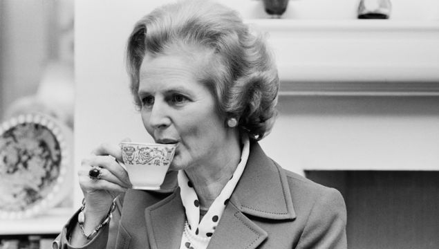 British Conservative Party politician and Leader of the Opposition Margaret Thatcher (1925 - 2013) having a cup of tea, UK, 20th January 1978