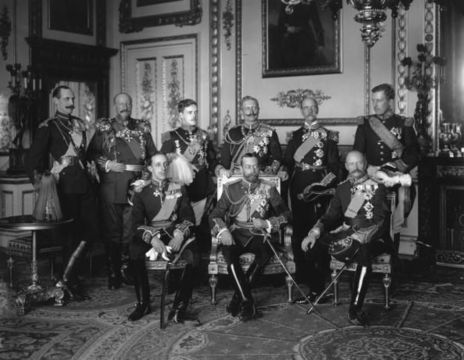 May 1910: Nine Kings assembled at Buckingham Palace for the funeral of Edward VII, the Father of George V (centre). From left to right, back row: Haakon VII of Norway, Ferdinand I of Bulgaria, Manuel II of Portugal, Wilhelm II of Germany, George I of Greece and Albert I Of Belgium. Front row: Alphonso XIII of Spain, George V and Frederick VIII of Denmark. (Photo by W. & D. Downey/Getty Images)
