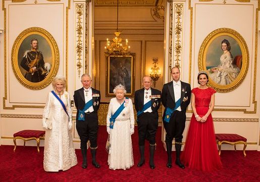 Camilla, Duchess of Cornwall, Prince Charles, Prince of Wales, Queen Elizabeth II, Prince Philip, Duke of Edinburgh, Prince William, Duke of Cambridge and Catherine, Duchess of Cambridge arrive for the annual evening reception for members of the Diplomatic Corps at Buckingham Palace on December 8, 2016 in London, England.