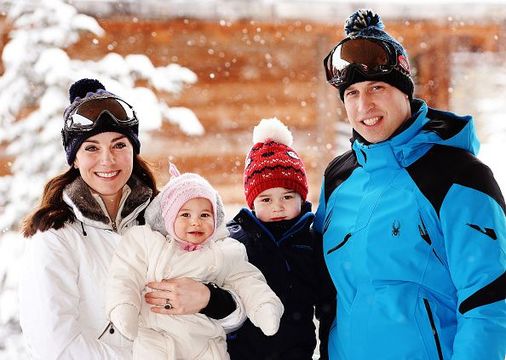 Catherine, Duchess of Cambridge and Prince William, Duke of Cambridge, with their children, Princess Charlotte and Prince George, enjoy a short private skiing break on March 3, 2016 in the French Alps, France. (Photo by John Stillwell - WPA Pool/Getty Images) (TERMS OF RELEASE - News editorial use only - it being acknowledged that news editorial use includes newspapers, newspaper supplements, editorial websites, books, broadcast news media and magazines, but not (by way of example) calendars or posters.)