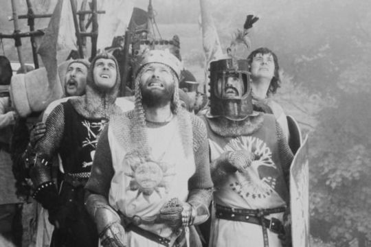 British comedians Eric Idle, John Cleese, Graham Chapman, Terry Jones and Michael Palin in a scene from \'Monthy Python and the Holy Grail\'.