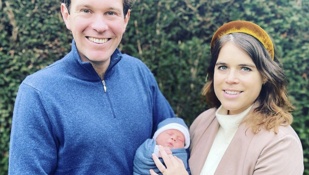 Jack Brooksbank, baby August, and Princess Eugenie.