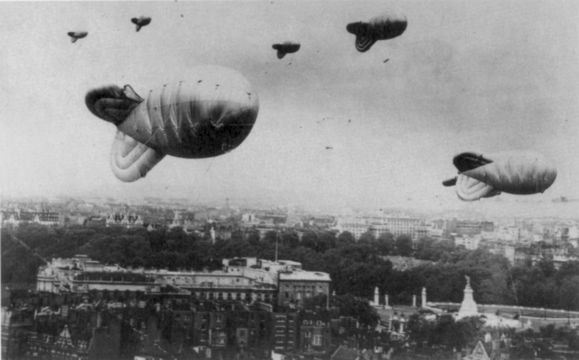 Barrage balloons over London during World War II.