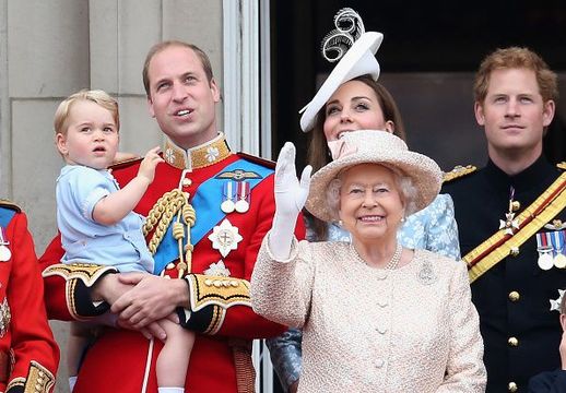 Prince George of Cambridge,Prince William, Duke of Cambridge, Catherine, Duchess of Cambridge, Queen Elizabeth II, Prince Harry look out on the balcony of Buckingham Palace during the Trooping The Colour ceremony on June 13, 2015 in London, England. The ceremony is Queen Elizabeth II\'s annual birthday parade and dates back to the time of Charles II in the 17th Century, when the Colours of a regiment were used as a rallying point in battle. (Photo by Chris Jackson/Getty Images)