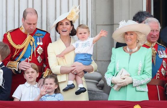 Prince William, Duke of Cambridge, Catherine, Duchess of Cambridge, Prince Louis of Cambridge, Prince George of Cambridge and Princess Charlotte of Cambridge during Trooping The Colour, the Queen\'s annual birthday parade, on June 8, 2019 in London, England. (Photo by Chris Jackson/Getty Images)