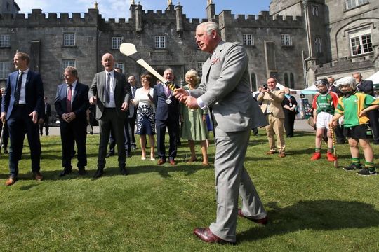 Prince Charles tries his hand at hurling while in Co Kilkenny during his 2017 visit to Ireland.