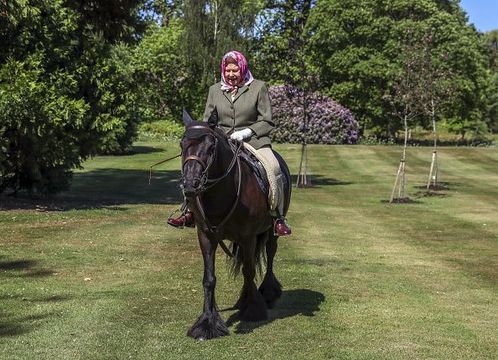 Issue date: Sunday May 31, Queen Elizabeth II rides Balmoral Fern, a 14-year-old Fell Pony, in Windsor Home Park over the weekend of May 30 and May 31, 2020 in Windsor, England. The Queen has been in residence at Windsor Castle during the coronavirus pandemic. (Photo by Steve Parsons - WPA Pool/Getty Images)