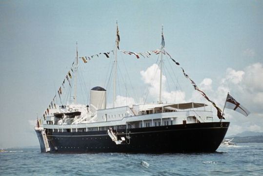 The Royal Yacht \'Britannia\' during Queen Elizabeth II \'s visit to Tonga, February 1977. (Photo by Serge Lemoine/Getty Images)