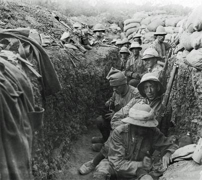 Soldiers in the trenches on the southern section of Gallipoli Peninsula during World War I. The men belong to the Royal Irish Fusiliers.