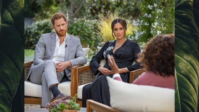 Harry, the Duke of Sussex, and Meghan Markle speaking with Oprah Winfrey.