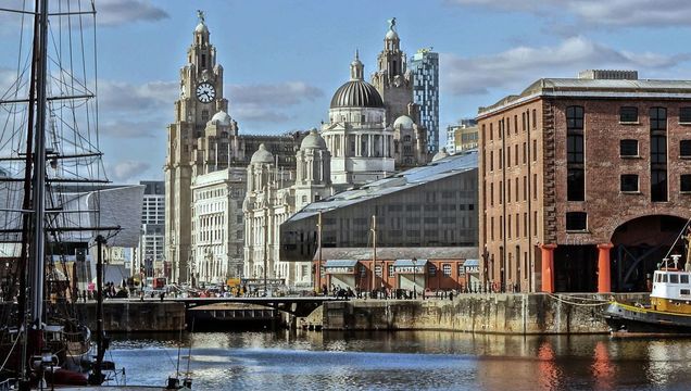 Liverpool Pier Head, from Albert Dock, in Liverpool city.