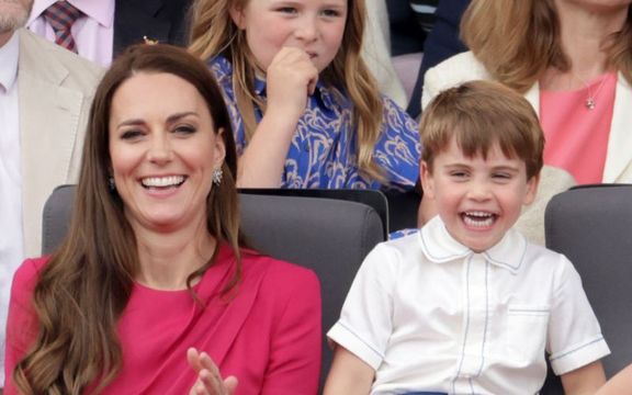 Catherine, Princess of Wales and Prince Louis watch the Platinum Jubilee Pageant from the Royal Box during the Platinum Jubilee Pageant on June 05, 2022 in London.