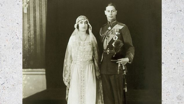 Prince Albert, Duke of York (future George VI) and Elizabeth Bowes-Lyon at ther wedding. Prince Albert is wearing the full dress uniform of the Royal Air Force with the rank of group captain.