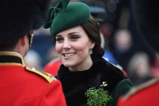 March 17, 2018: Catherine, Duchess of Cambridge attends and presents the 1st Battalion Irish Guardsmen with shamrocks during the annual Irish Guards St Patrick\'s Day Parade at Cavalry Barracks in Hounslow, England.