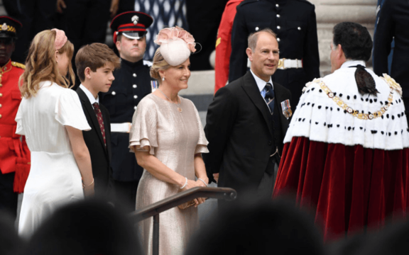 Lady Louise Windsor, James, Viscount Severn, Sophie, Countess of Wessex, and Prince Edward, Earl of Wessex, arrive at the National Service of Thanksgiving at St Paul\'s Cathedral 